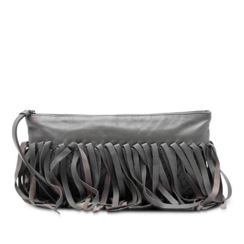Bottega Veneta Lambskin Intrecciato Fringe Clutch Grey Leather Good condition - Front View