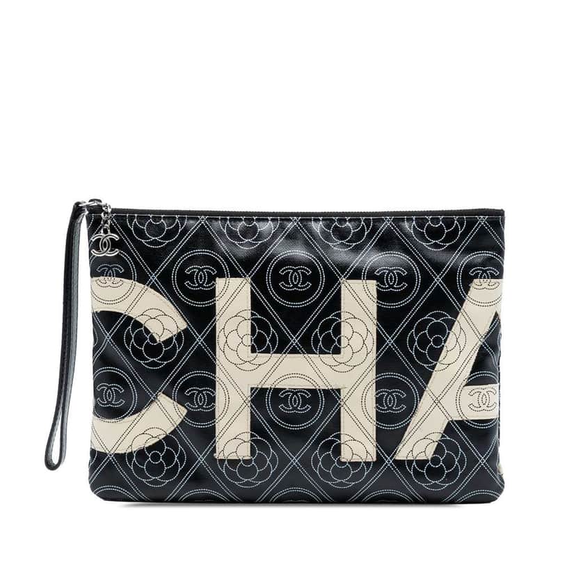 Chanel Coated Canvas Camellia Logo Wristlet Clutch Black Canvas Very good condition - Front View