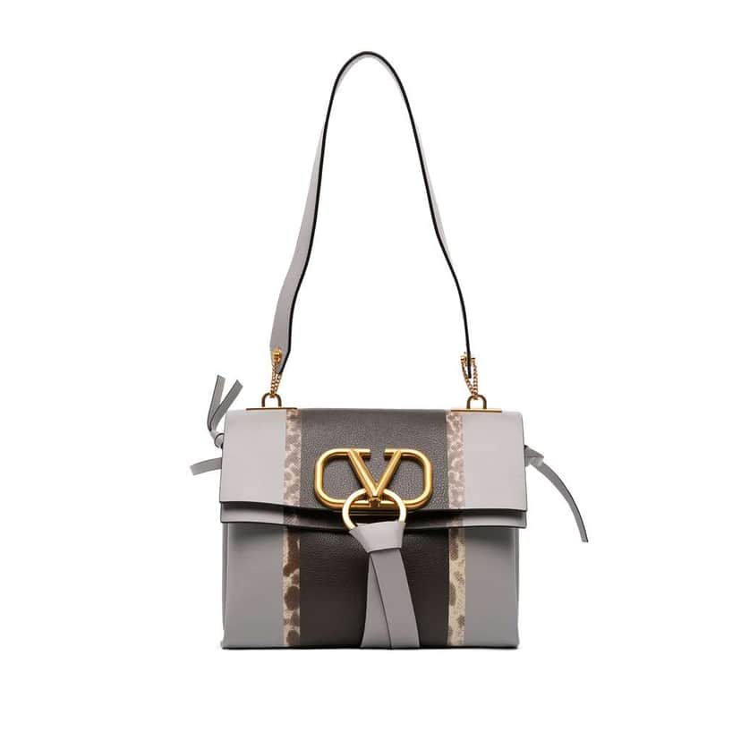 Valentino Small Watersnake Trimmed Colorblock Calfskin Vring Shoulder Bag Grey Leather Good condition - Front View