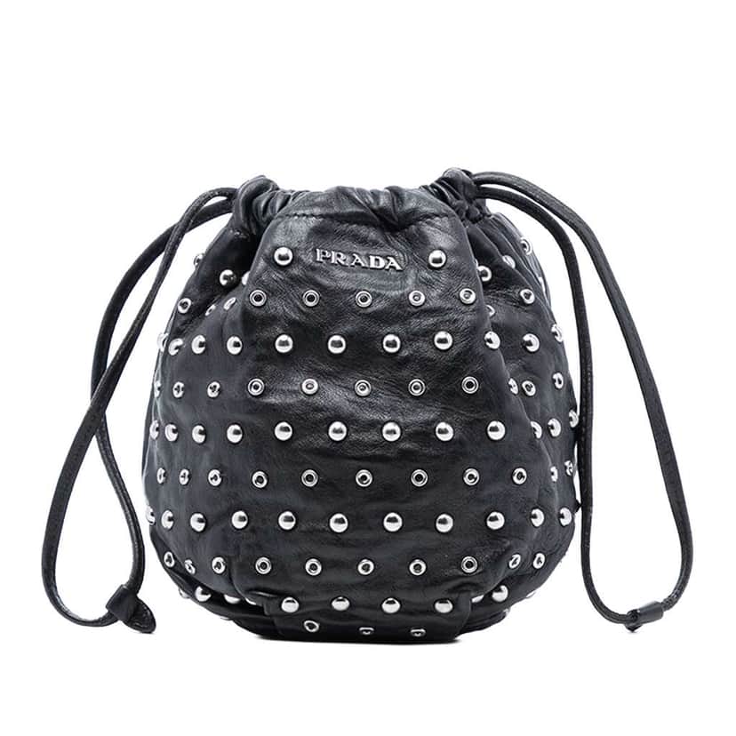 Prada Studded Leather Drawstring Pouch Black Leather Good condition - Front View