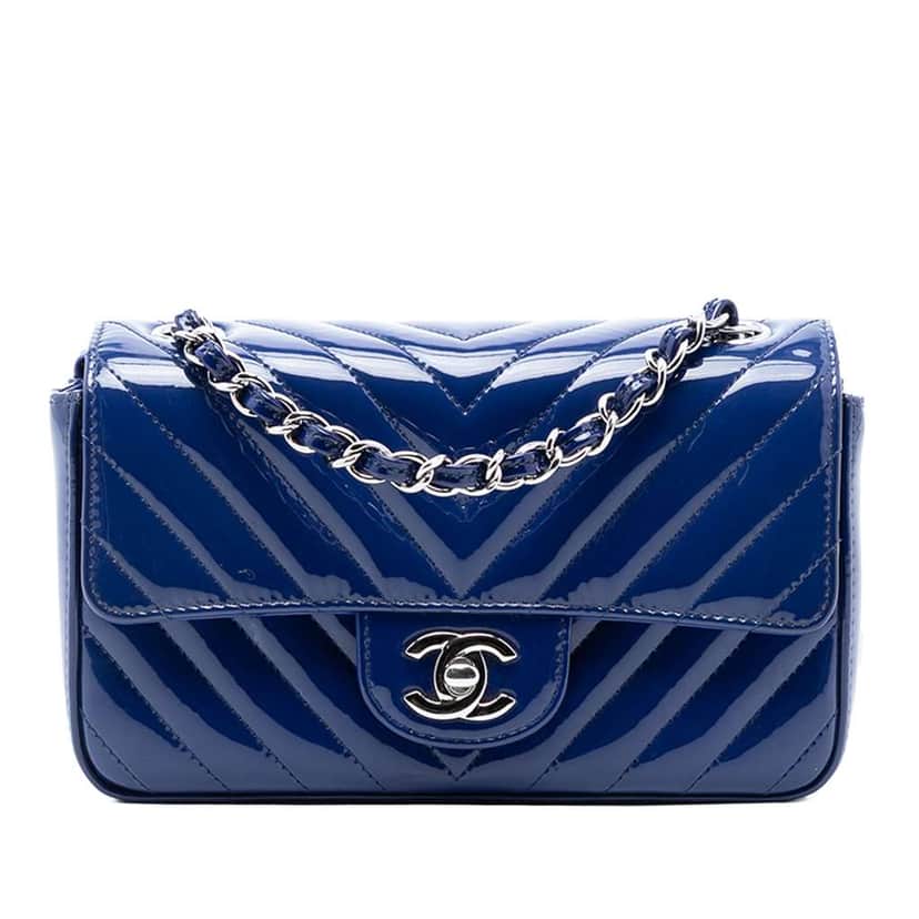 Chanel Mini Rectangular Classic Chevron Patent Single Flap Blue Leather Very good condition - Front View