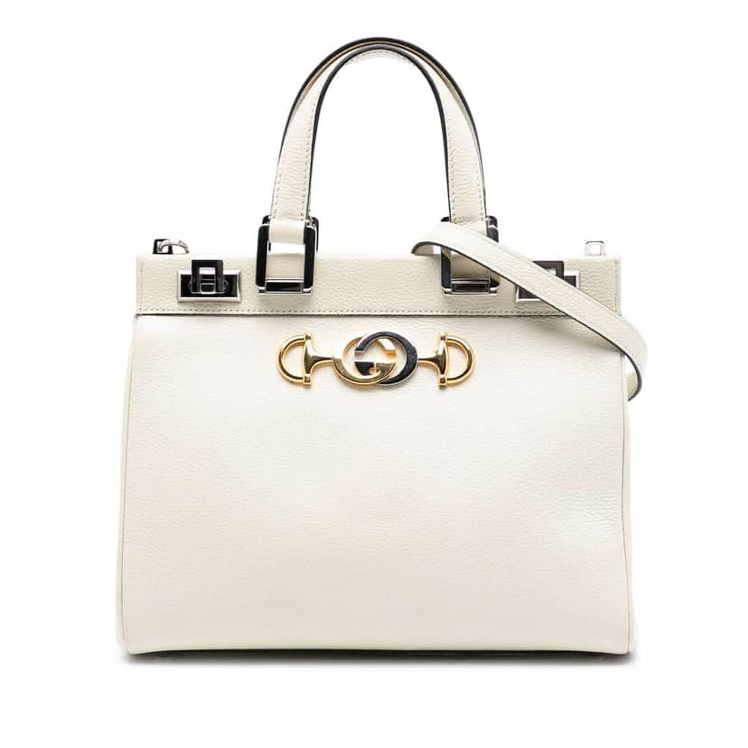 Gucci Small Grained Calfskin Zumi Top Handle Bag White Leather Very good condition - Front View