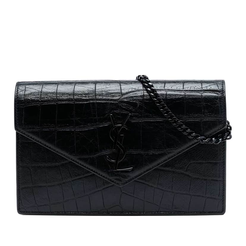 Saint Laurent Croc Embossed Leather Monogram Monochrome Envelope Chain Wallet Black Leather Very good condition - Front View