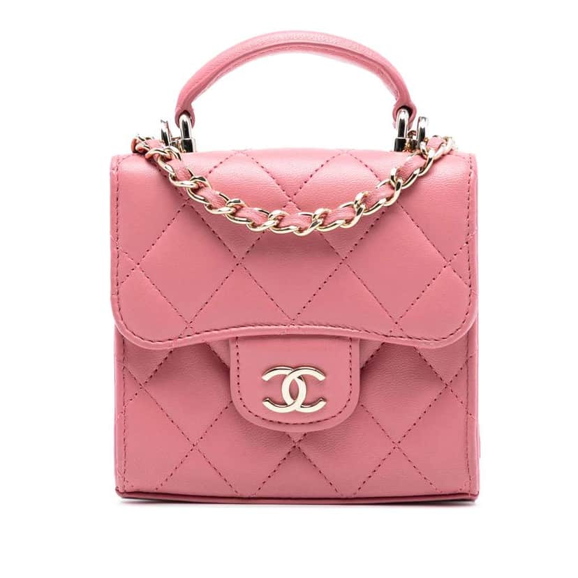 Chanel CC Lambskin Top Handle Flap Coin Purse with Chain Pink Leather Good condition - Front View