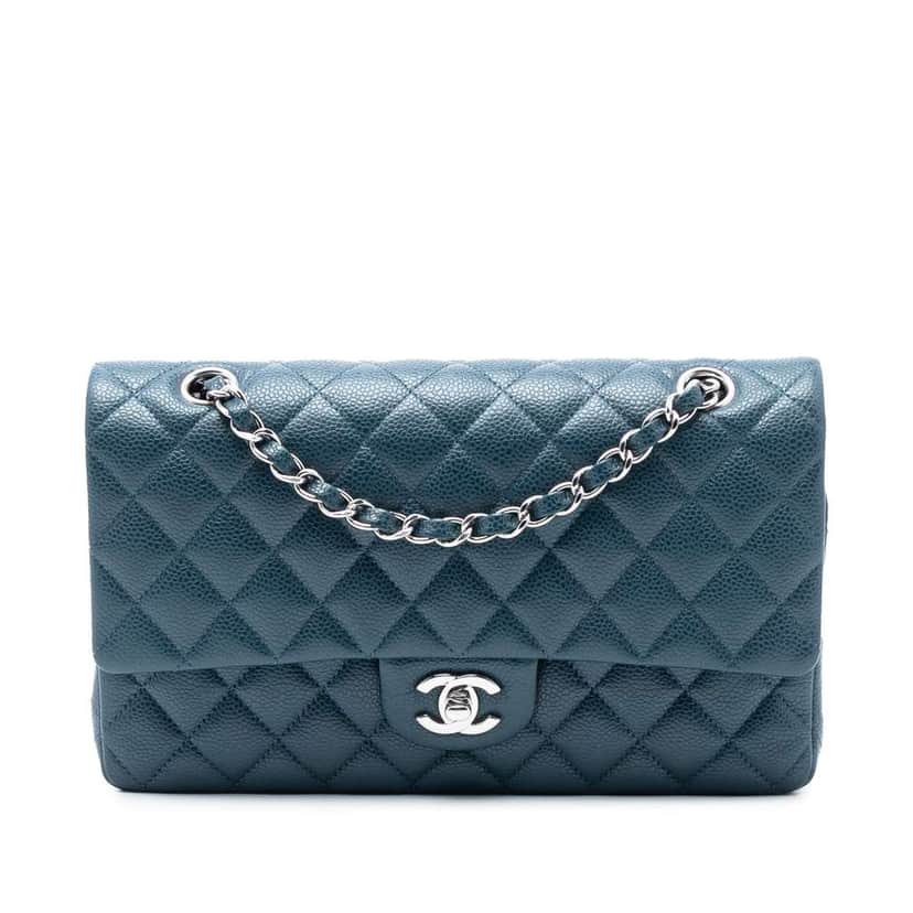 Chanel Medium Classic Caviar Double Flap Blue Leather Good condition - Front View