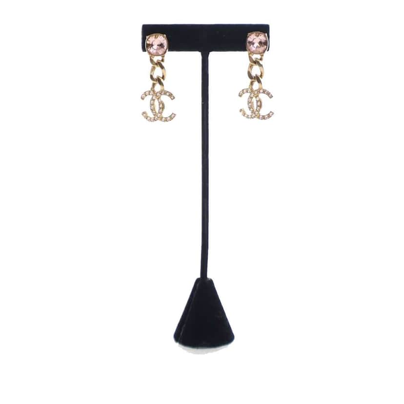 Chanel CC Gold Plated Crystal Drop Push Back Earrings Gold Metal Good condition - Front View