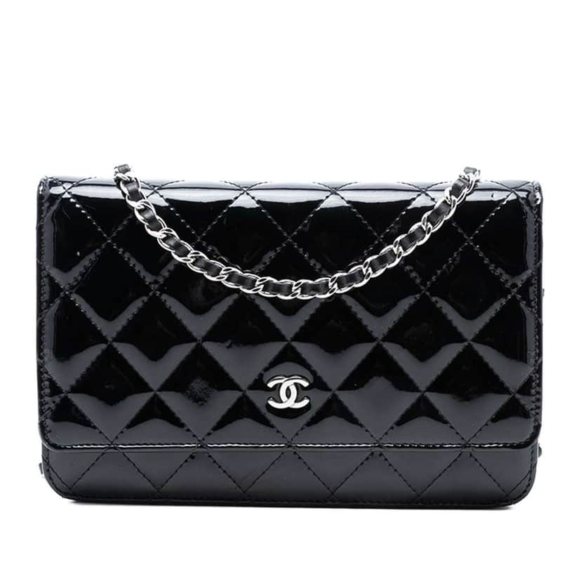 Chanel CC Quilted Patent Wallet On Chain Black Leather Good condition - Front View