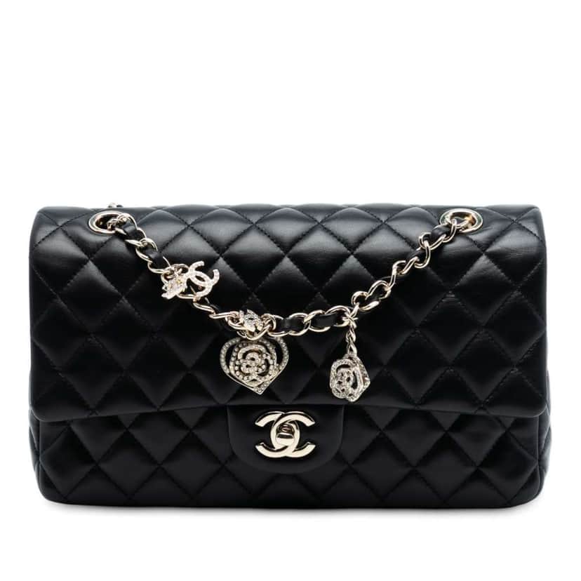 Chanel Medium Classic Lambskin Valentines Heart Charms Single Flap Black Leather Good condition - Front View