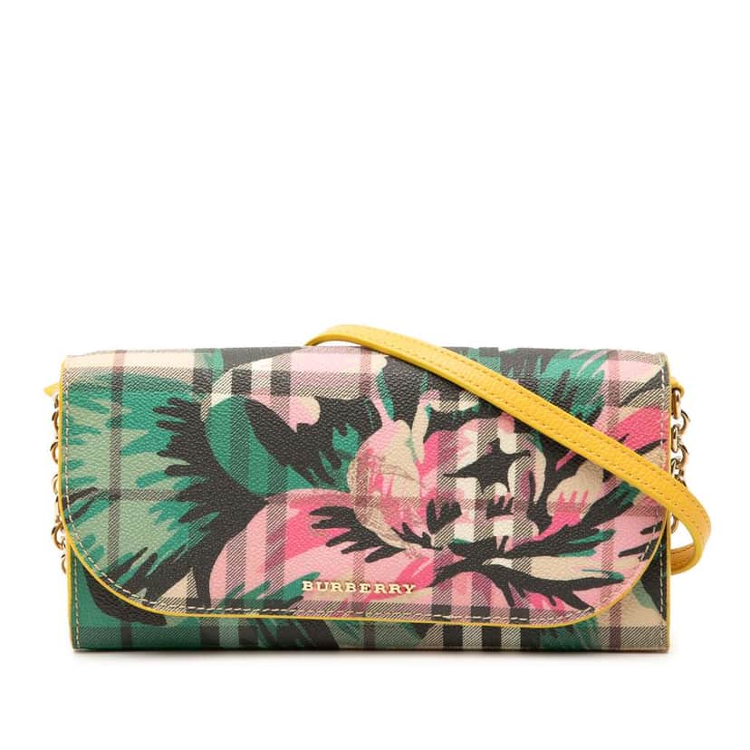 Burberry Haymarket Check Floral Coated Canvas and Leather Izzy Wallet on Chain Brown Canvas Good condition - Front View