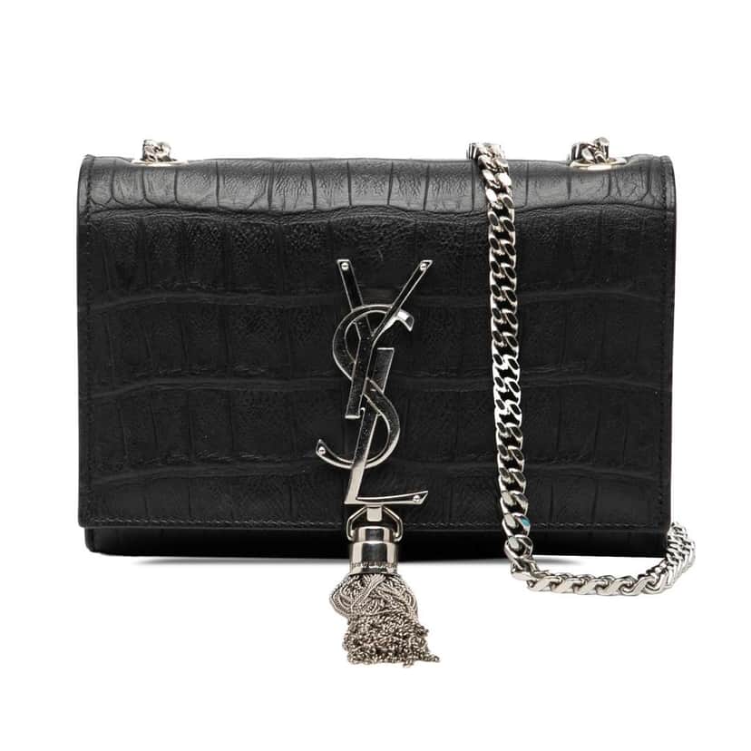 Saint Laurent Small Croc Embossed Leather Monogram Kate Tassel Crossbody Black Leather Good condition - Front View