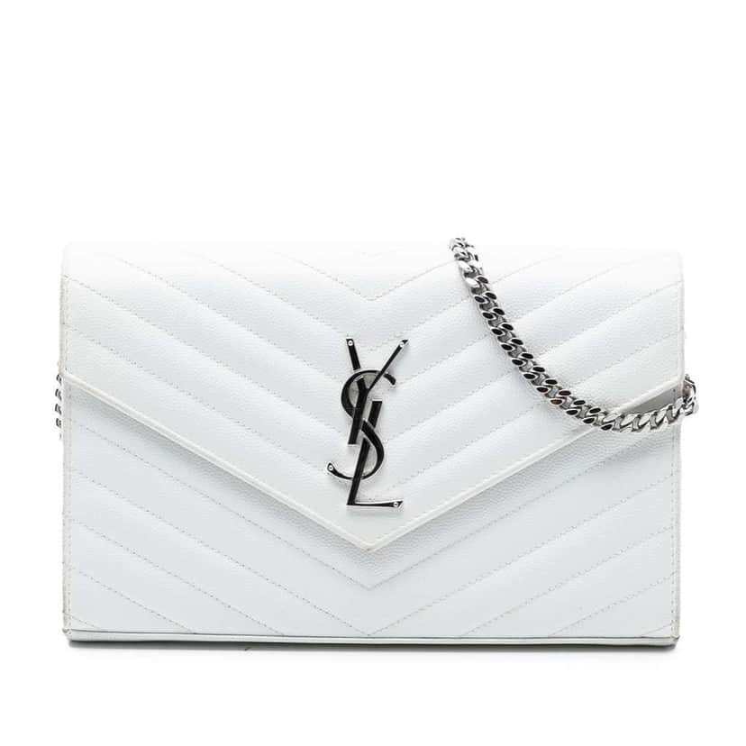Saint Laurent Grain De Poudre Cassandre Chain Wallet White Leather Good condition - Front View