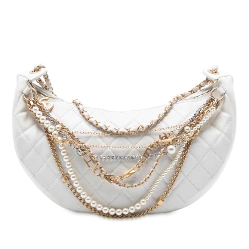 Chanel Quilted Lambskin All About Chains Hobo White Leather Very good condition - Front View
