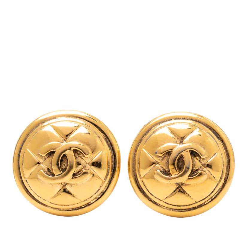 Chanel Gold Plated CC Quilted Round Clip On Earrings Gold Metal Very good condition - Front View
