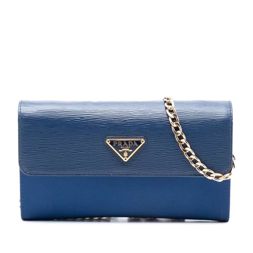 Prada Vitello Move and Tessuto Wallet On Chain Blue Very good condition - Front View