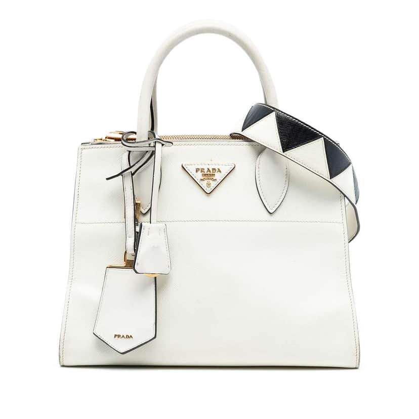 Prada City Calf Trimmed Saffiano Greche Paradigme Bag White Leather Very good condition - Front View