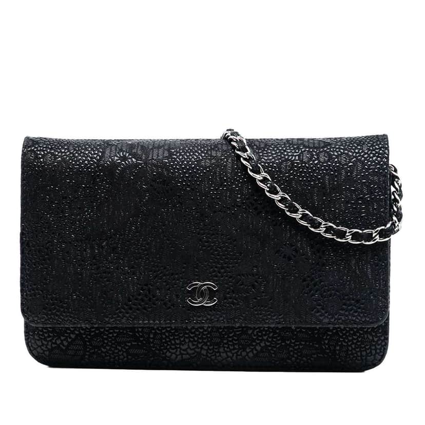 Chanel CC Lace Overlay Goatskin Wallet On Chain Black Leather Good condition - Front View