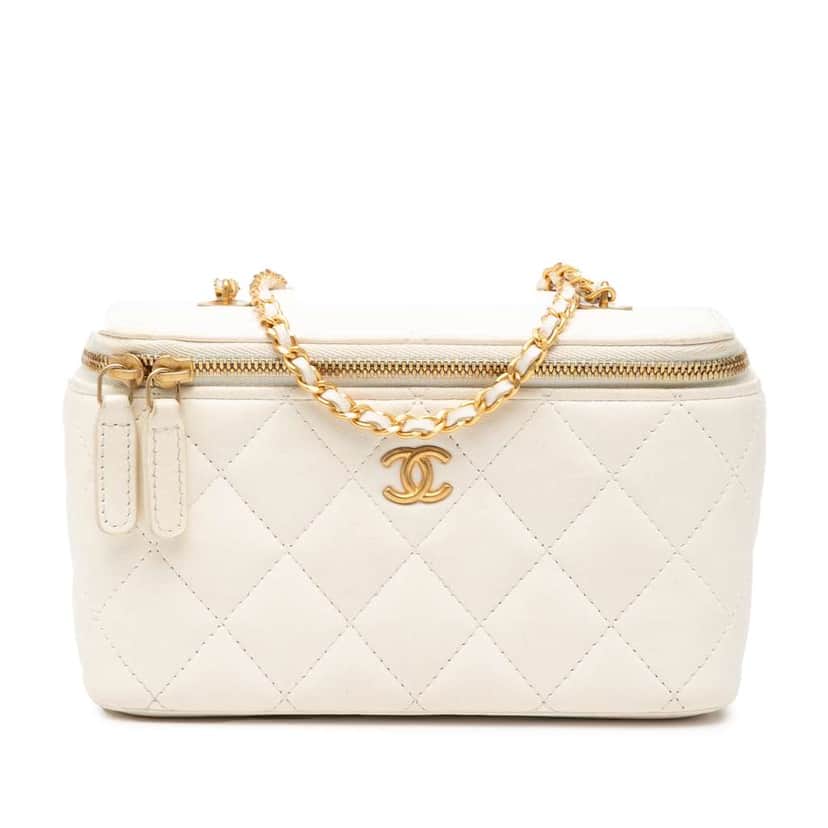 Chanel Small Quilted Lambskin Vanity Case with Chain White Leather Good condition - Front View