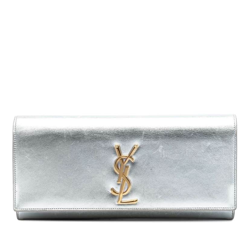 Saint Laurent Metallic Calfskin Cassandre Clutch Silver Leather Good condition - Front View