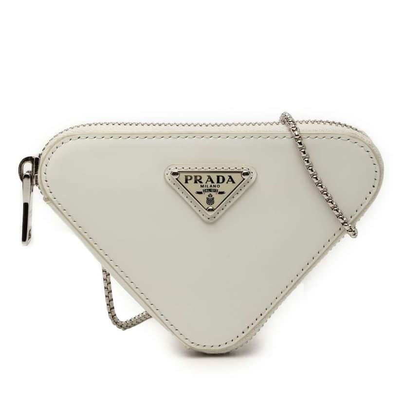 Prada Mini Brushed Leather Triangle Chain Pouch White Leather Very good condition - Front View