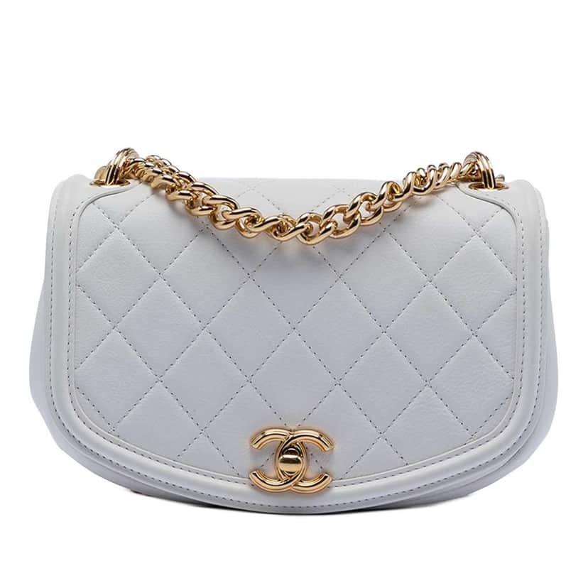Chanel Small Quilted Calfskin Underline Saddle Flap White Leather Very good condition - Front View