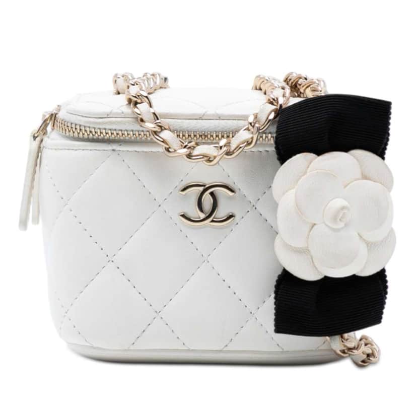 Chanel Mini Quilted Lambskin Camellia Bow Vanity Case with Chain White Leather Very good condition - Front View