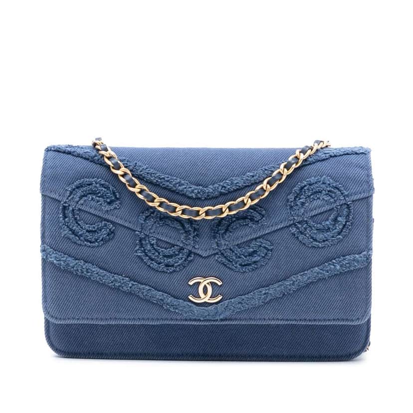 Chanel Denim Fringe Coco Wallet On Chain Blue Denim Good condition - Front View