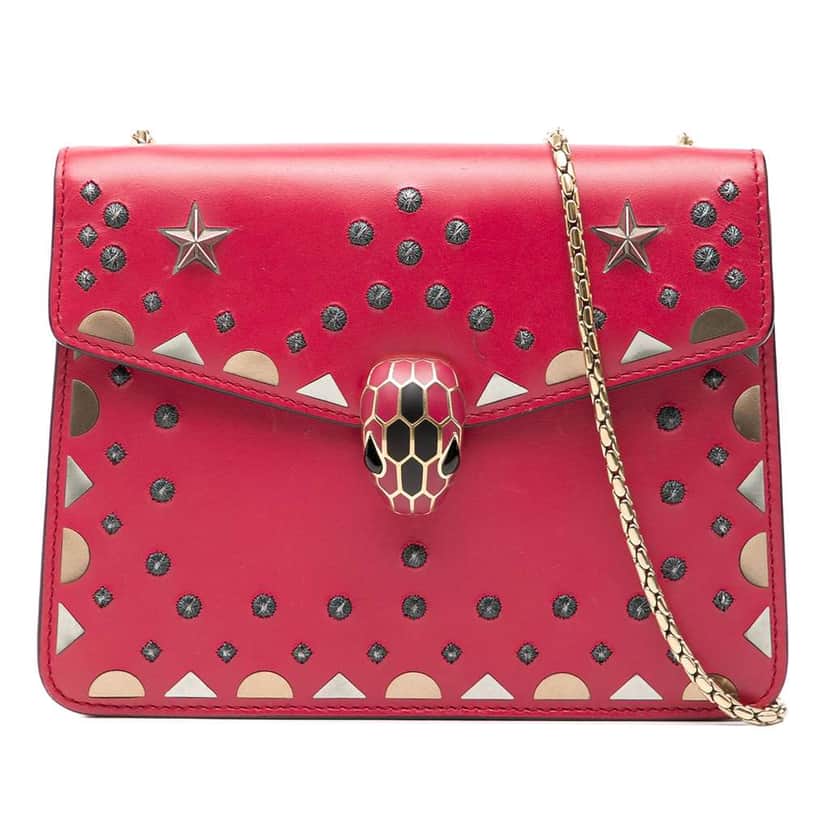 Bvlgari Small Studded Leather Laser Cut Square Serpenti Forever Chain Crossbody Red Leather Very good condition - Front View