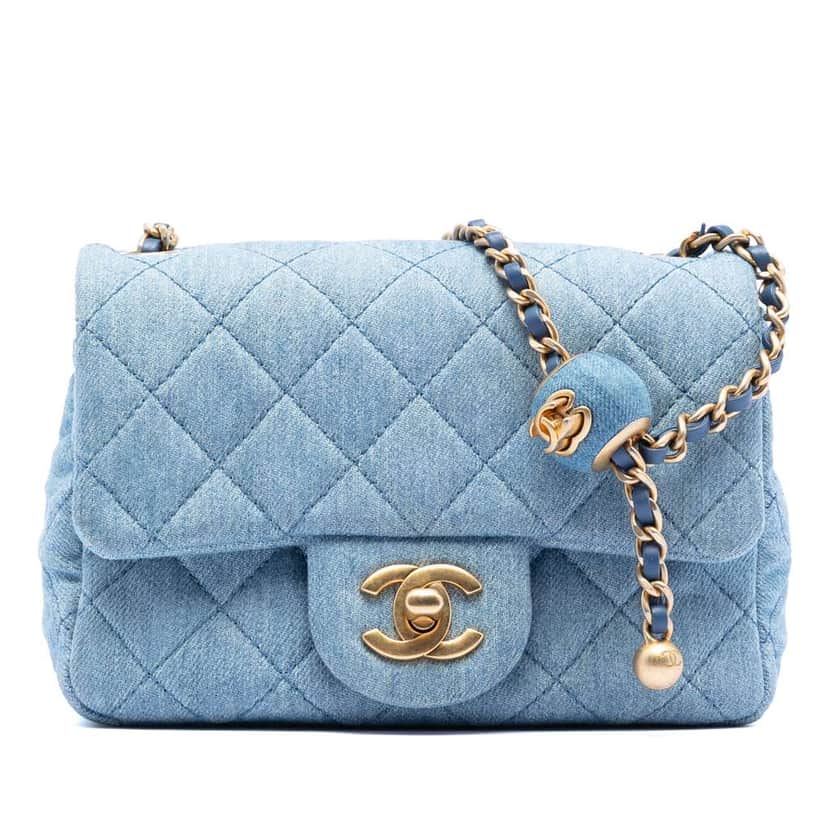 Chanel Mini Square Classic Denim Pearl Crush Single Flap Blue Denim Good condition - Front View