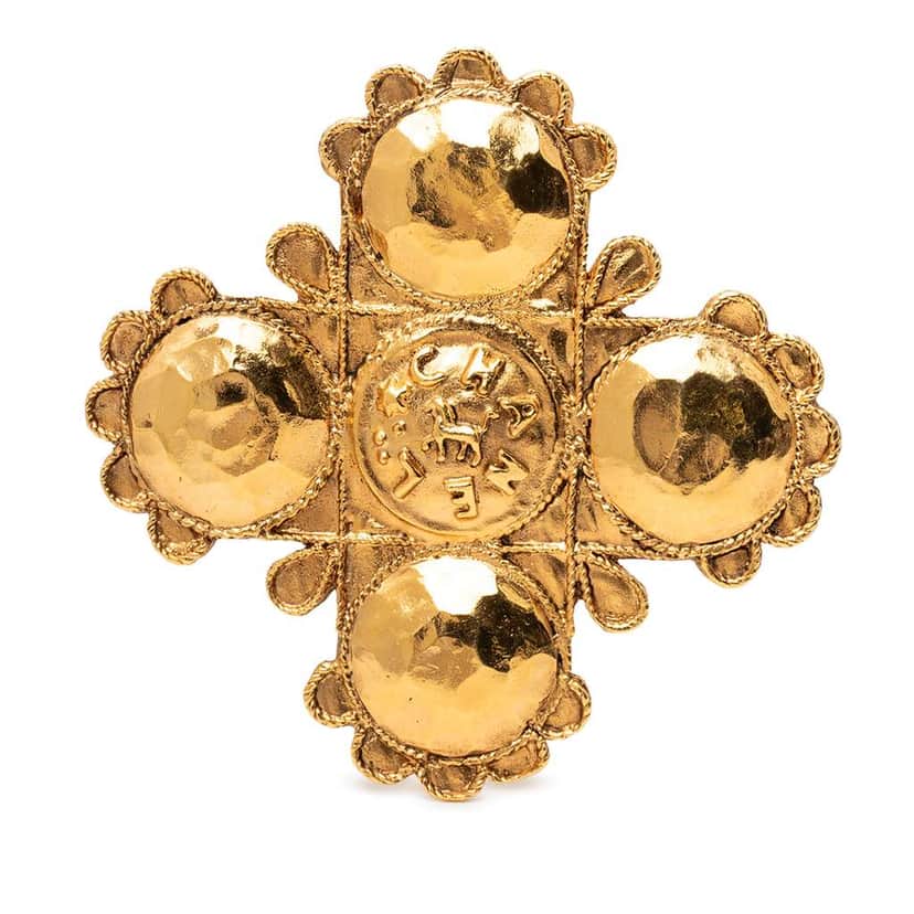 Chanel Gold Plated Lion Logo Cross Brooch Gold Metal Good condition - Front View