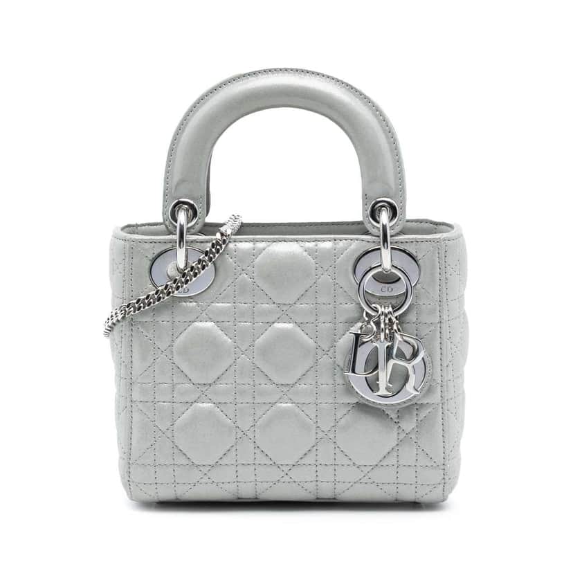Dior Mini Iridescent Lambskin Cannage Lady Dior Silver Leather Good condition - Front View
