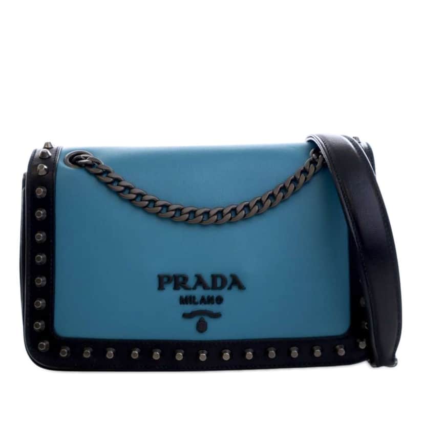 Prada Bicolor Glace Calfskin Studded Crossbody Blue Leather Very good condition - Front View