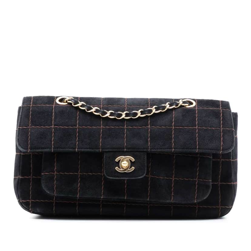 Chanel CC Choco Bar Suede Stitched Chain Flap Black Leather Very good condition - Front View