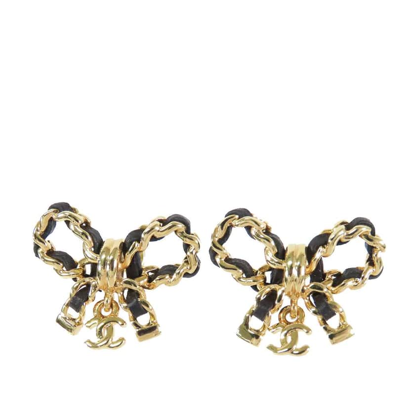 Chanel CC Leather Woven Gold Plated Bow Earrings Gold Metal Good condition - Front View