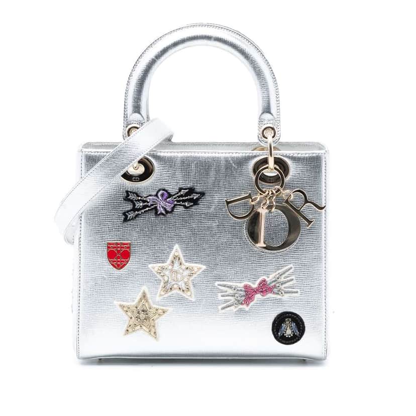 Dior Medium Calfskin Patch Embellished Lady Dior Silver Leather Good condition - Front View