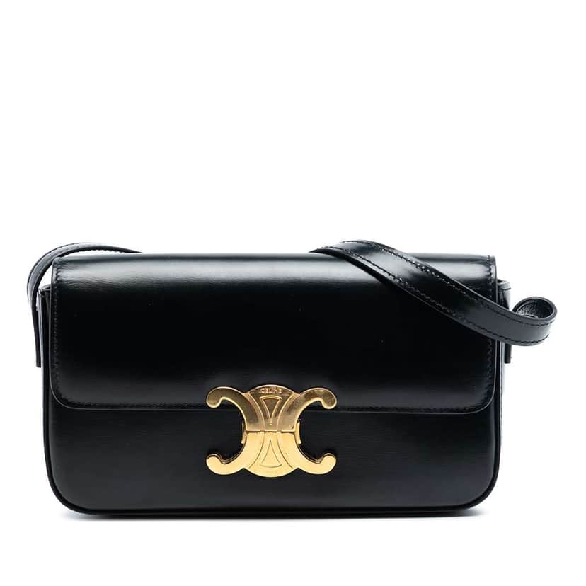 Celine Shiny Calfskin Triomphe Claude Shoulder Bag Black Leather Good condition - Front View