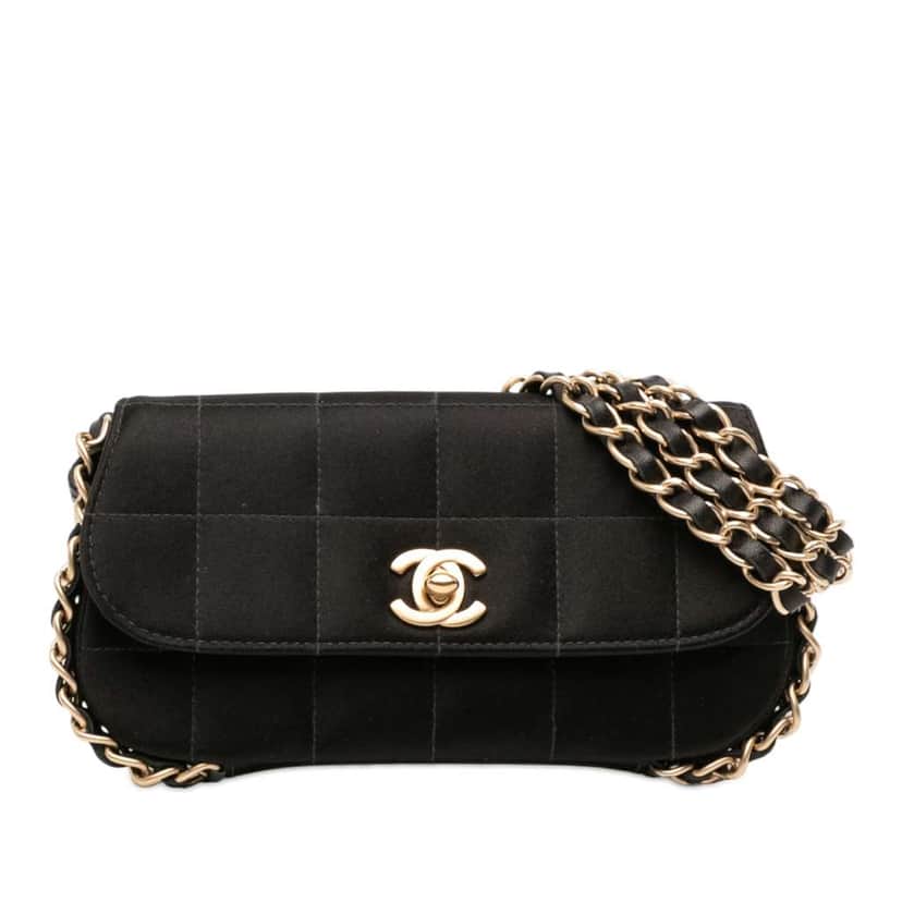 Chanel Mini Chocolate Bar Satin Triple Chain Single Flap Black Satin Good condition - Front View