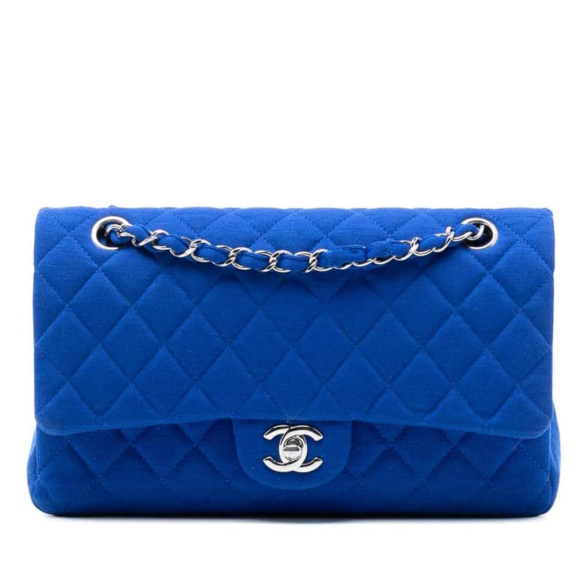 Chanel Medium Classic Jersey Double Flap Blue Cotton Very good condition - Front View