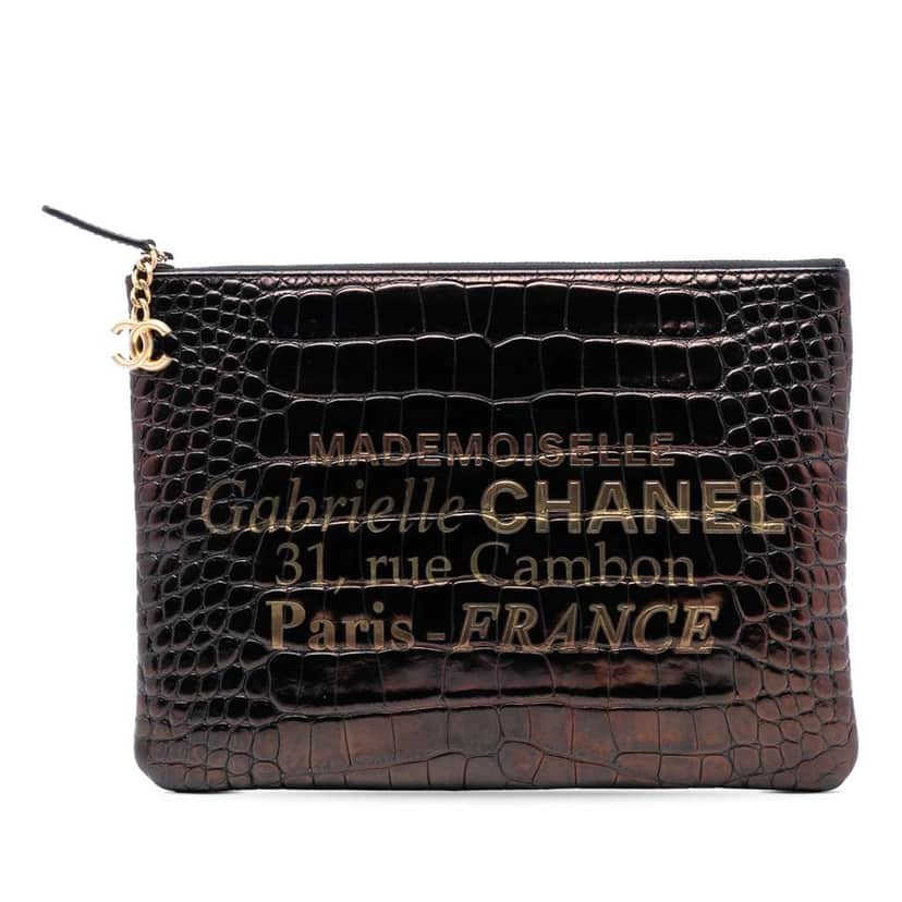 Chanel Medium Croc Embossed Calfskin Mademoiselle Gabrielle Signature Pouch Black Leather Good condition - Front View