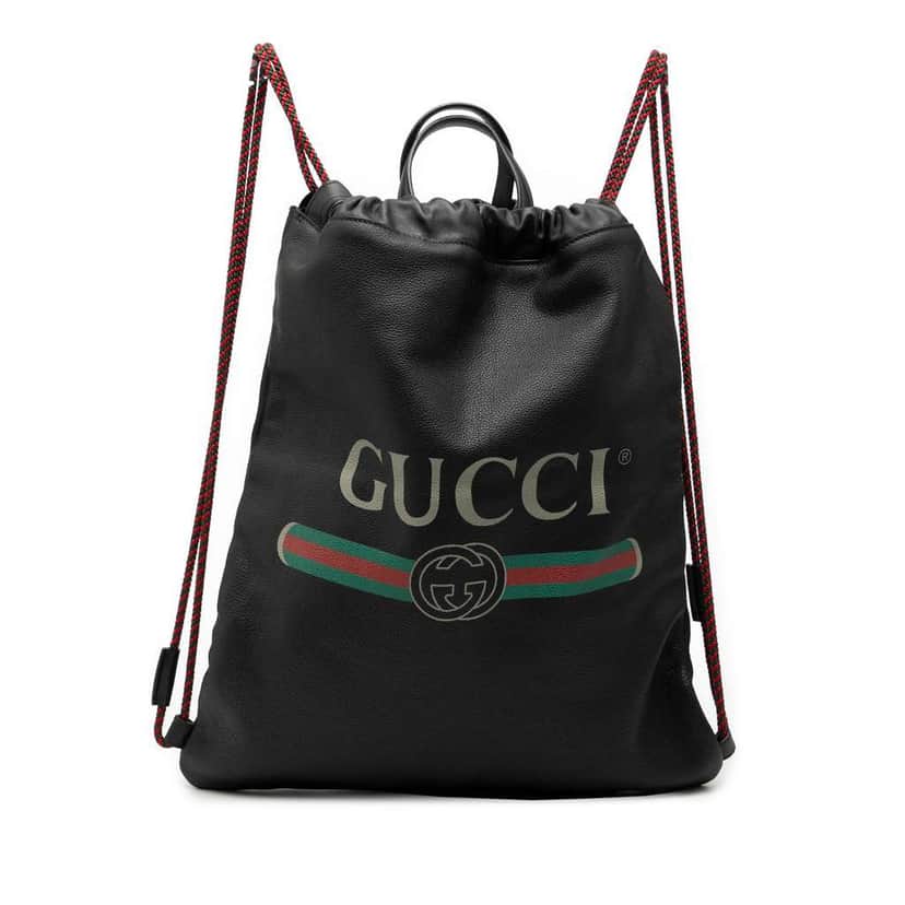 Gucci Leather Logo Drawstring Backpack Black Leather Good condition - Front View