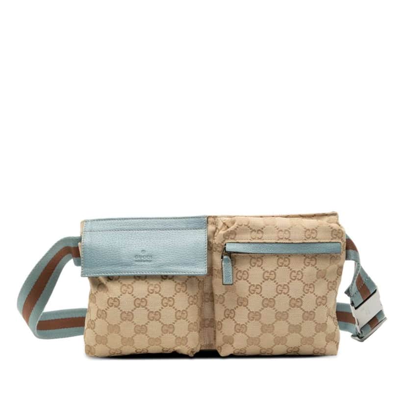Gucci GG Canvas Web Double Pocket Belt Bag Brown Canvas Very good condition - Front View