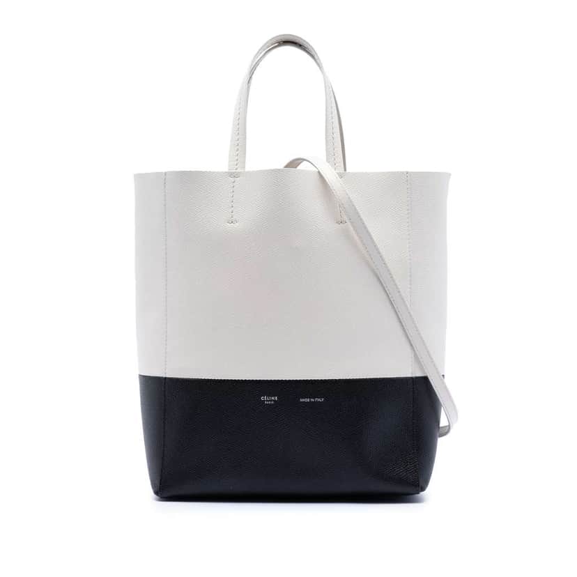Celine Small Bicolor Grained Calfskin Vertical Cabas Tote White Leather Very good condition - Front View