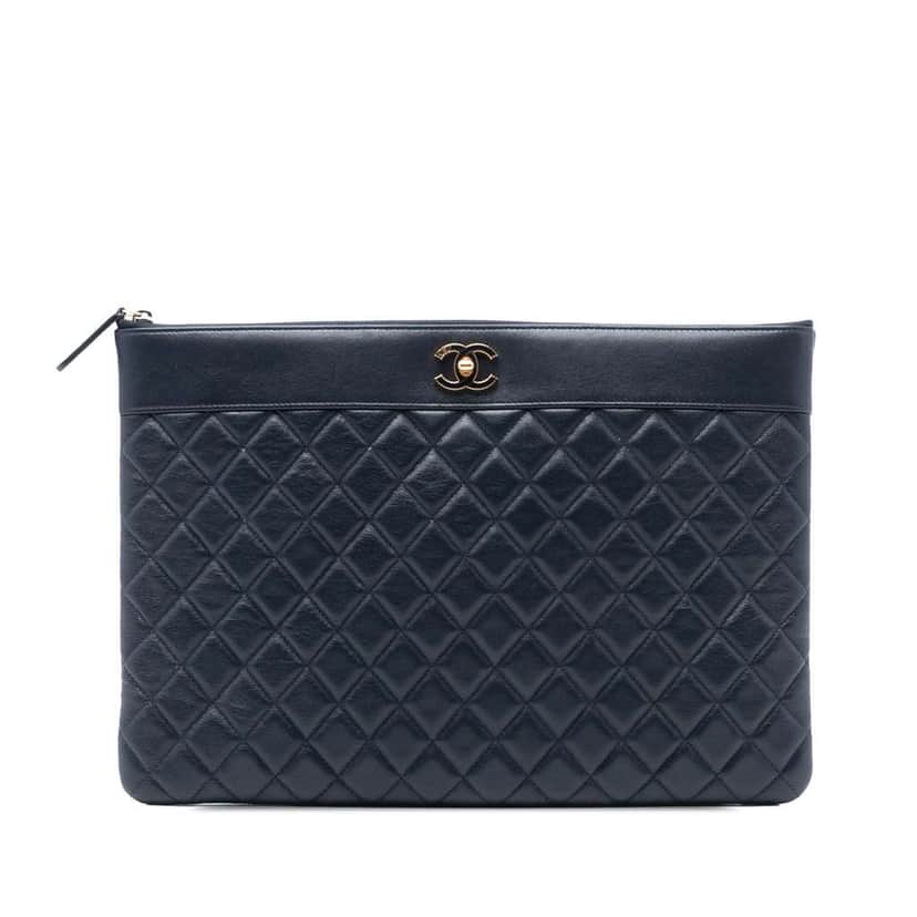 Chanel Large Quilted Sheepskin Mademoiselle O Case Clutch Blue Leather Good condition - Front View