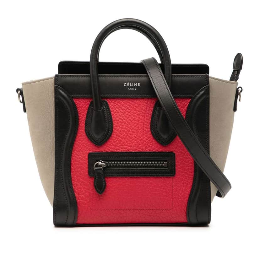 Celine Nano Tricolor Nubuck and Calfskin Luggage Tote Red Leather Good condition - Front View