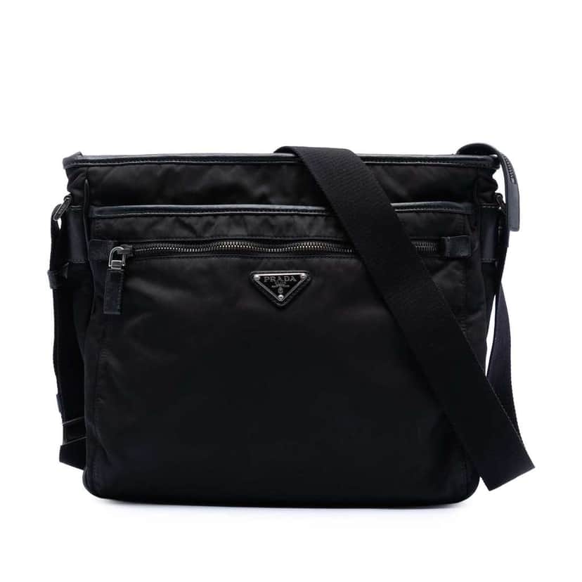 Prada Saffiano Trimmed Tessuto Zip Top Crossbody Black Fair condition - Front View