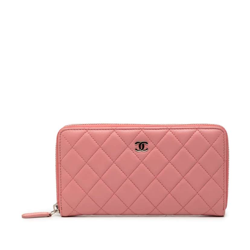 Chanel Quilted Lambskin Zip Around Long Wallet Pink Leather Very good condition - Front View