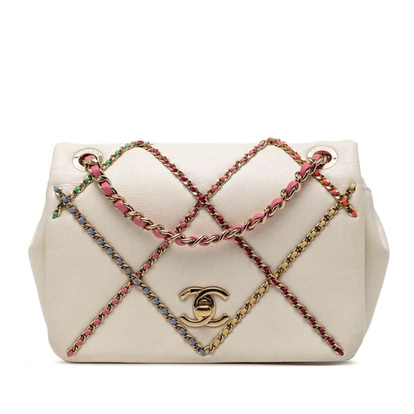 Chanel Small Lambskin Entwined Chain Flap White Leather Good condition - Front View