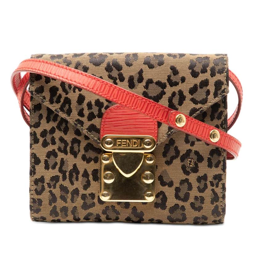 Fendi Mini Leopard Print Canvas Flap Crossbody Brown Canvas Very good condition - Front View