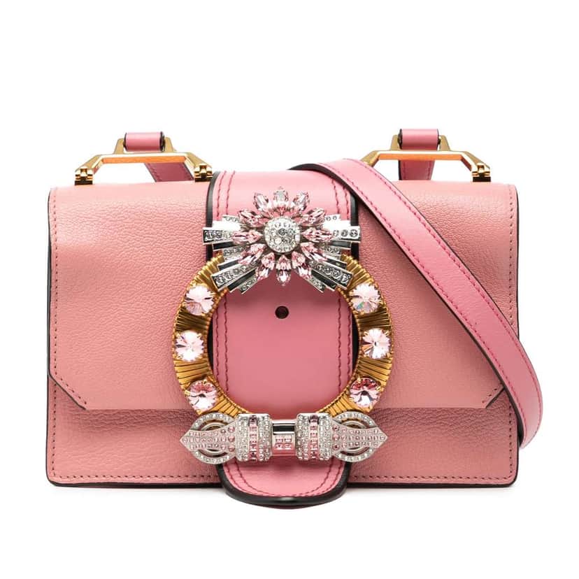Miu Miu Goatskin Madras Soft Calf Crystal Embellished Crossbody Pink Leather Good condition - Front View