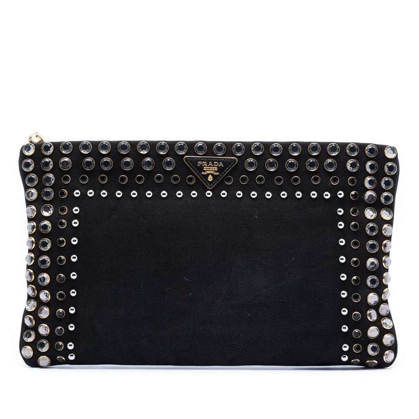 Prada Canvas Canapa Studded Vernice Clutch Black Canvas Very good condition - Front View