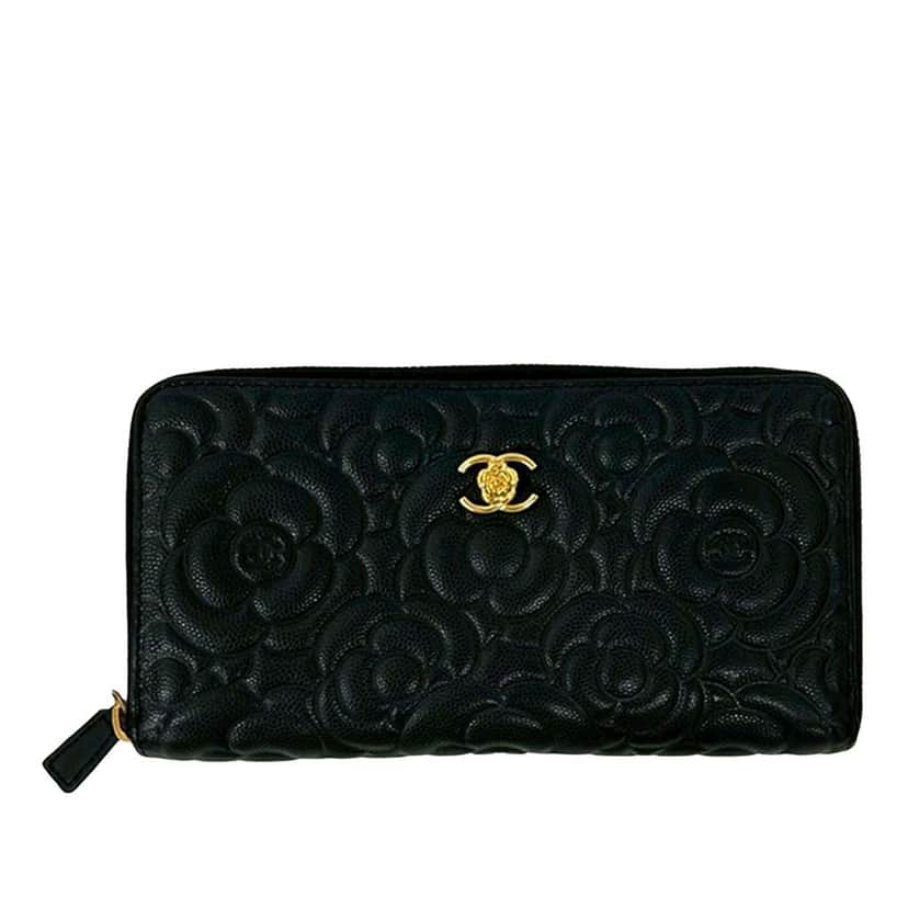 Chanel CC Embossed Caviar Camellia Zip Around Wallet Black Leather Good condition - Front View